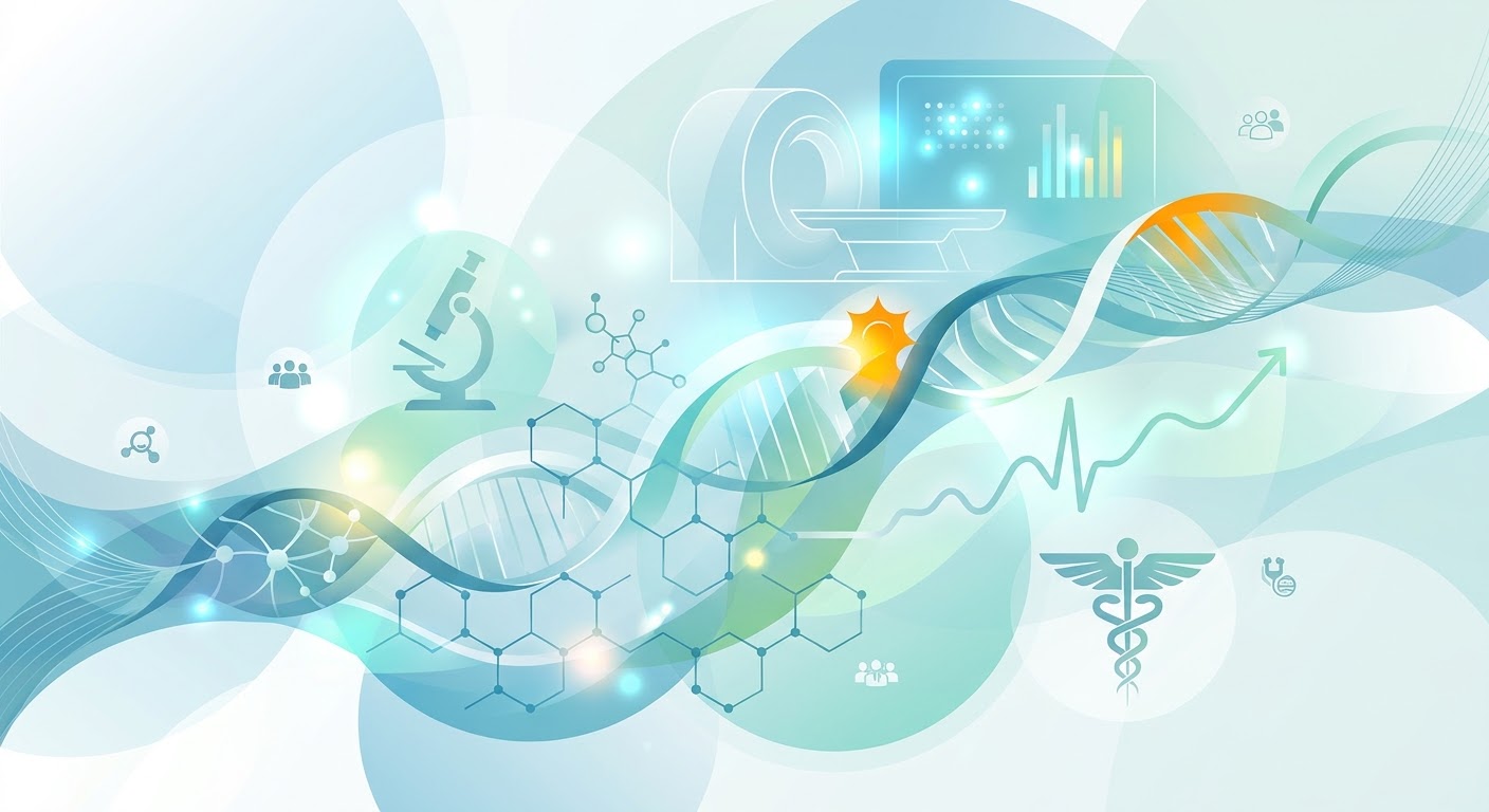 Medical illustration of a DNA double helix with molecular structures and clinical symbols representing cellular and tissue repair