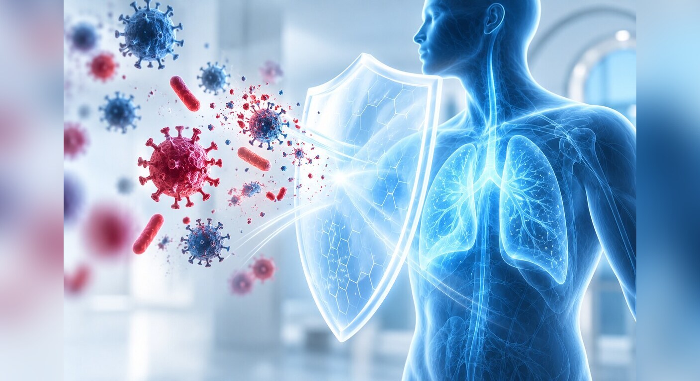 Illustration of immune defence: a protective shield blocking viruses and bacteria from reaching a human figure