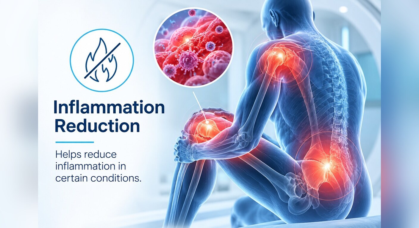 Illustration of inflammation reduction: a figure with highlighted inflamed joints beside a magnified view of inflamed tissue