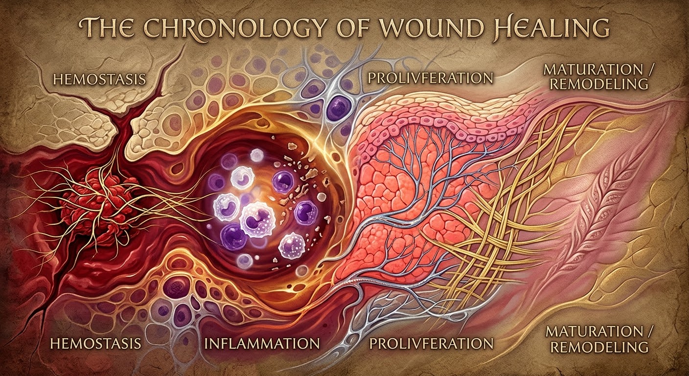 Illustration of the four phases of wound healing: hemostasis, inflammation, proliferation and maturation