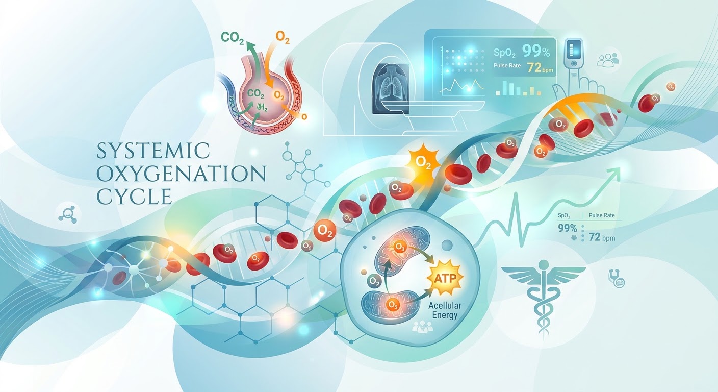 Medical illustration of the systemic oxygenation cycle: oxygen exchange in the lungs, red blood cells in a vessel, and oxygen reaching a cell to produce energy